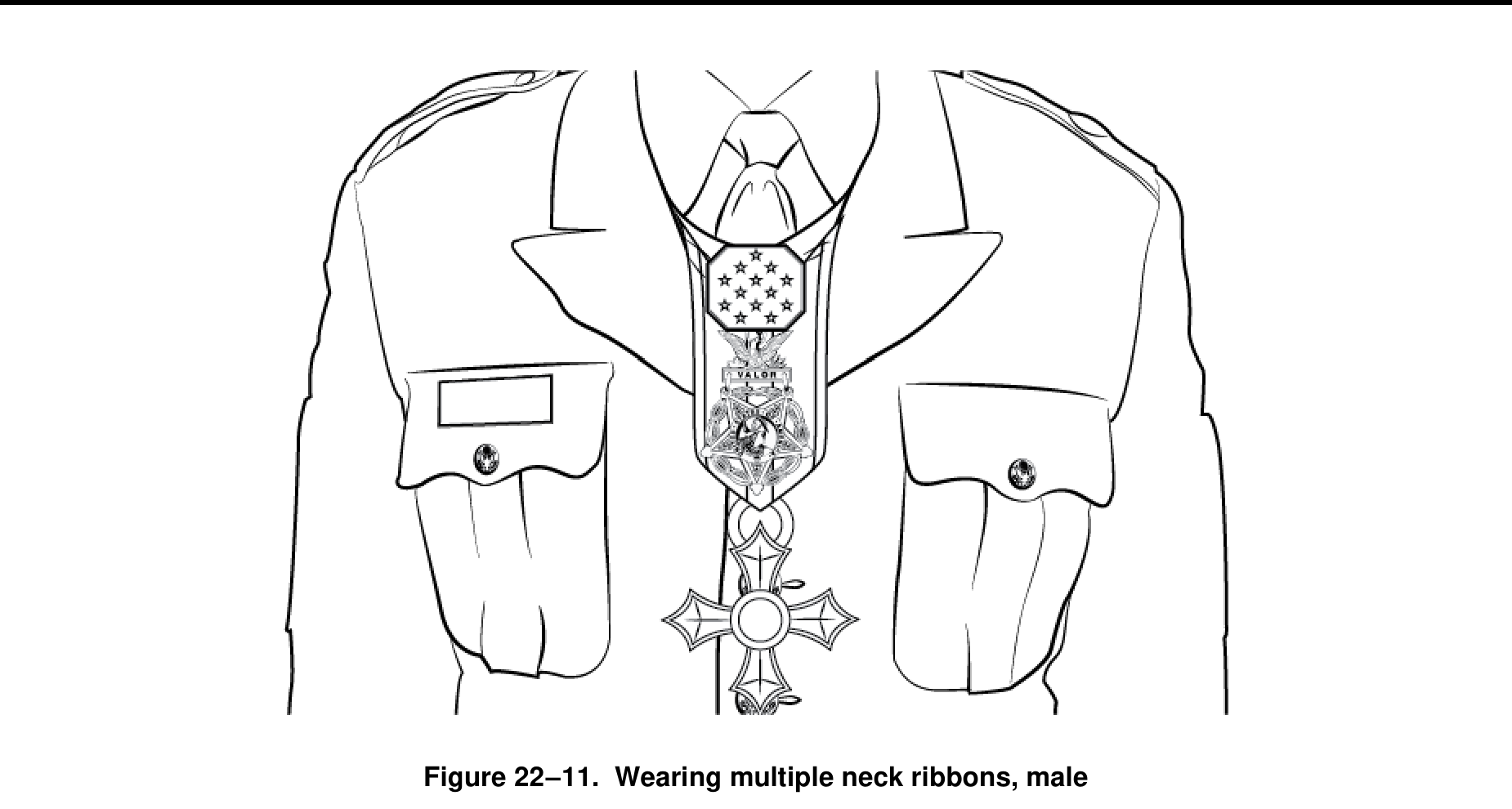 Figure 22-11 from DA PAM 670-1: Wearing multiple neck ribbons, male