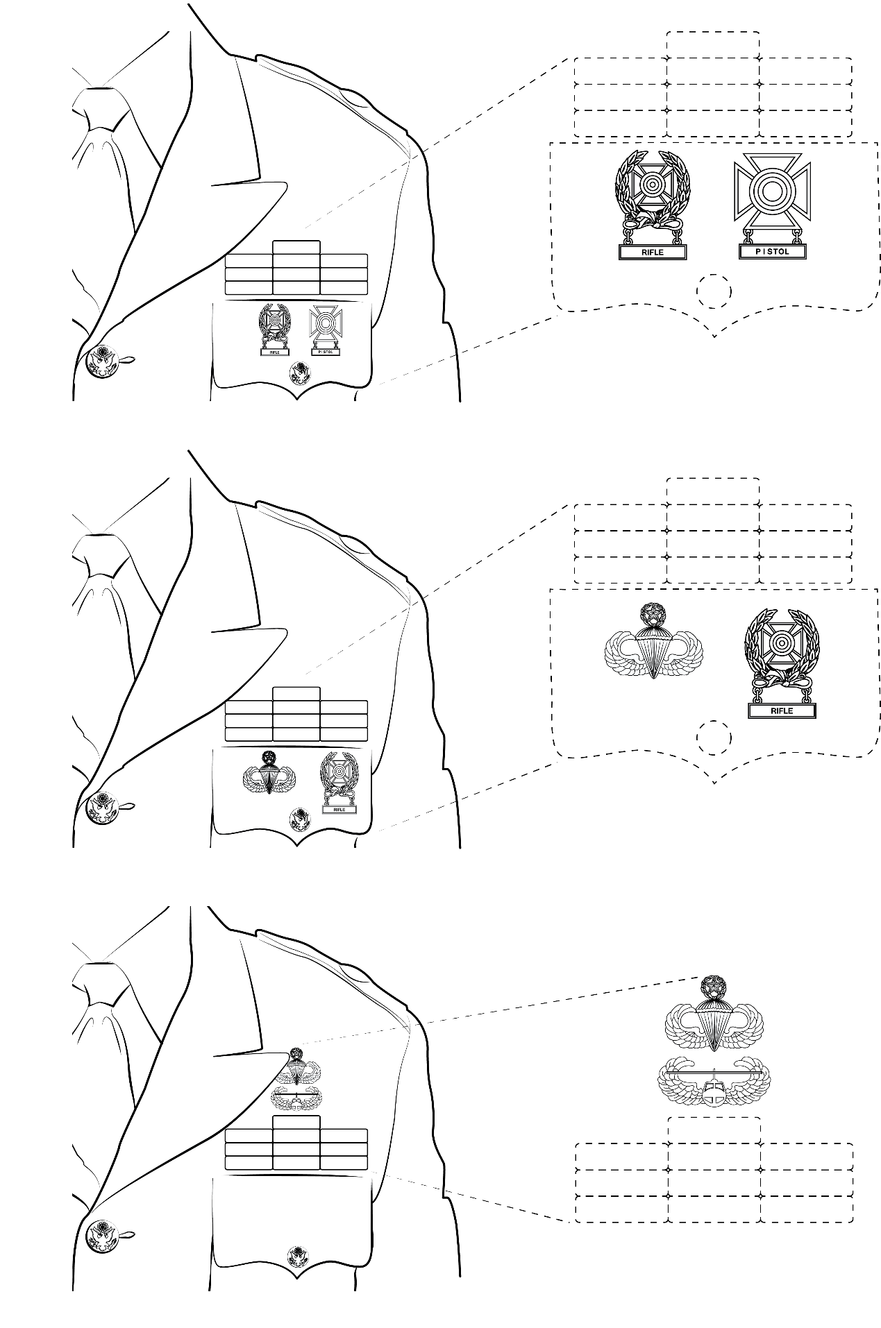 Figure 22-27 from DA PAM 670-1: Wearing two badges on the Army service uniform, male, variations