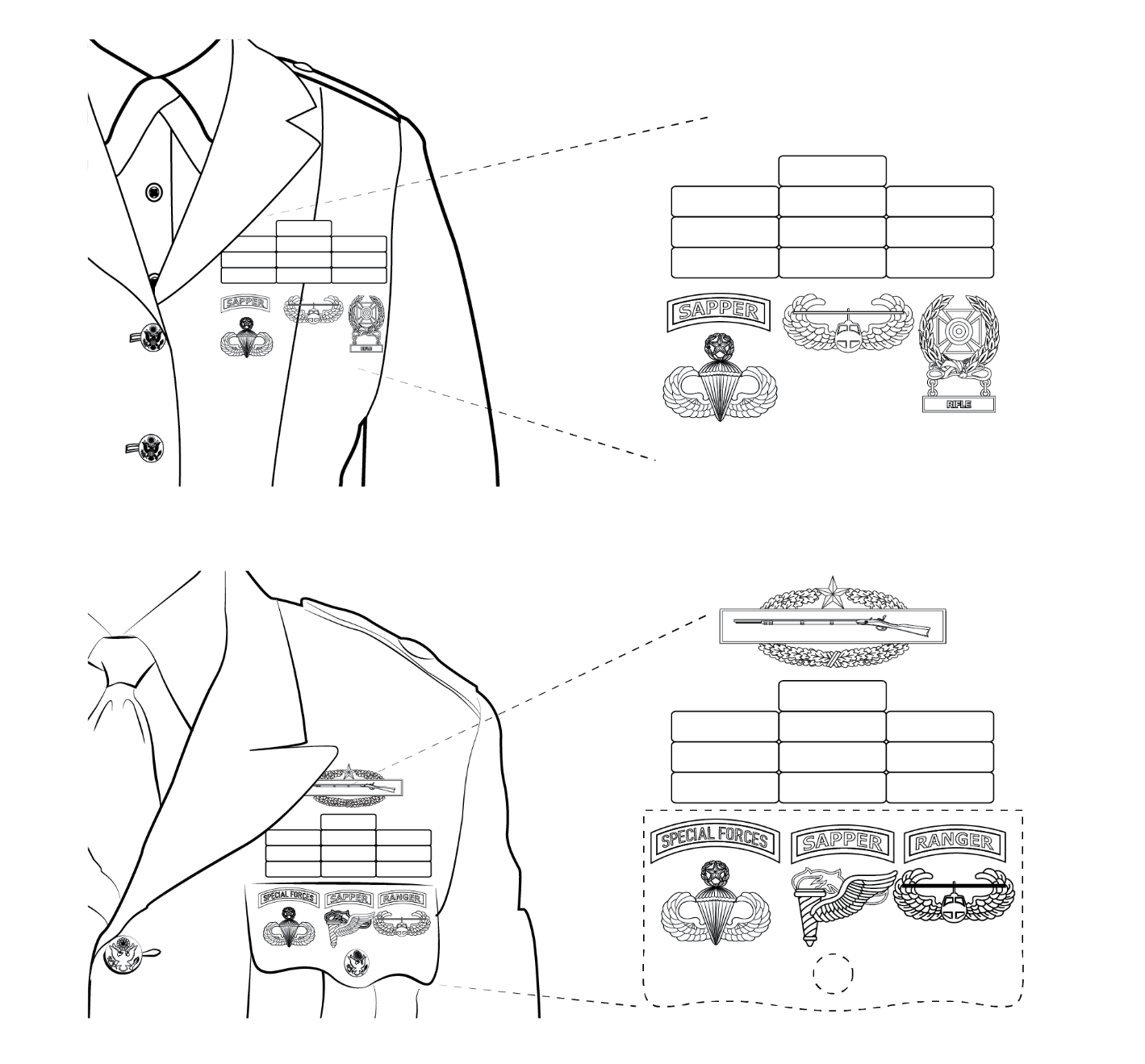 Figure 22-63 from DA PAM 670-1: Wearing special skill tab metal replicas with other badges