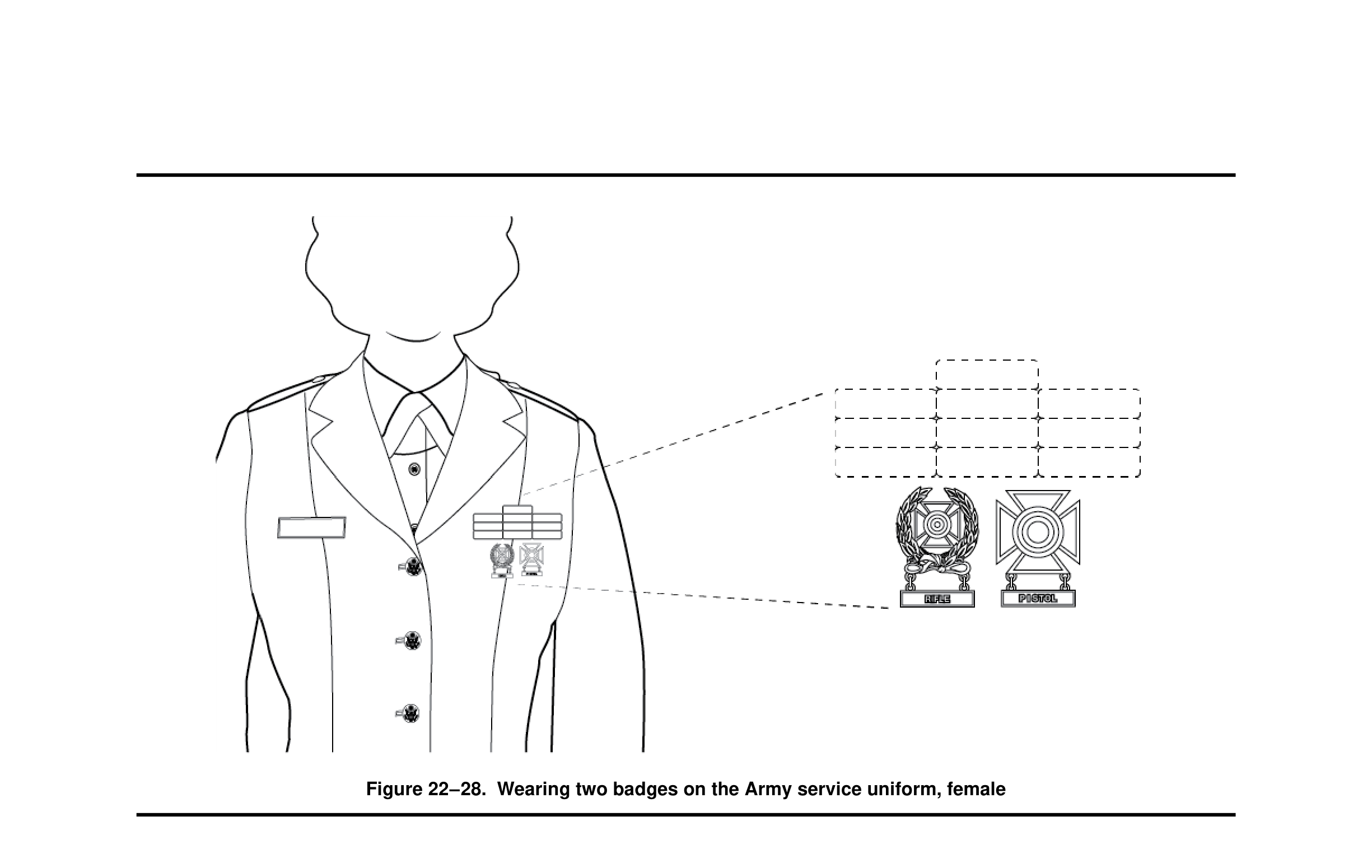 Wearing two badges on the Army service uniform, female