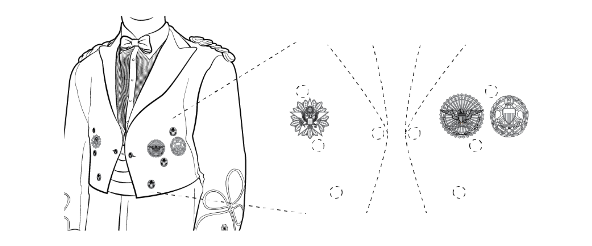 Wearing identification badges on the mess uniform, male