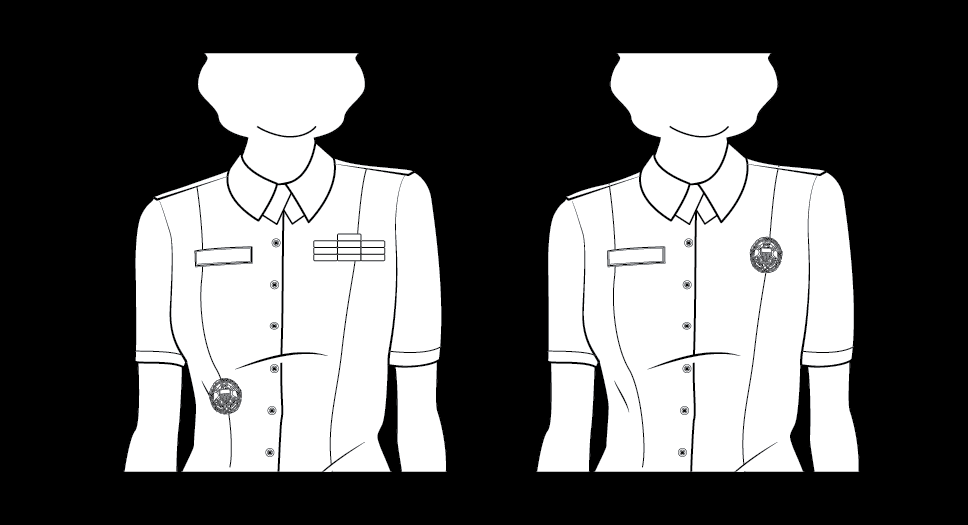 Wearing identification badges on the service uniform shirt, female