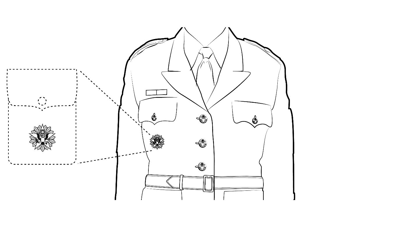 Wearing identification badges on the Army green service uniform coat, female